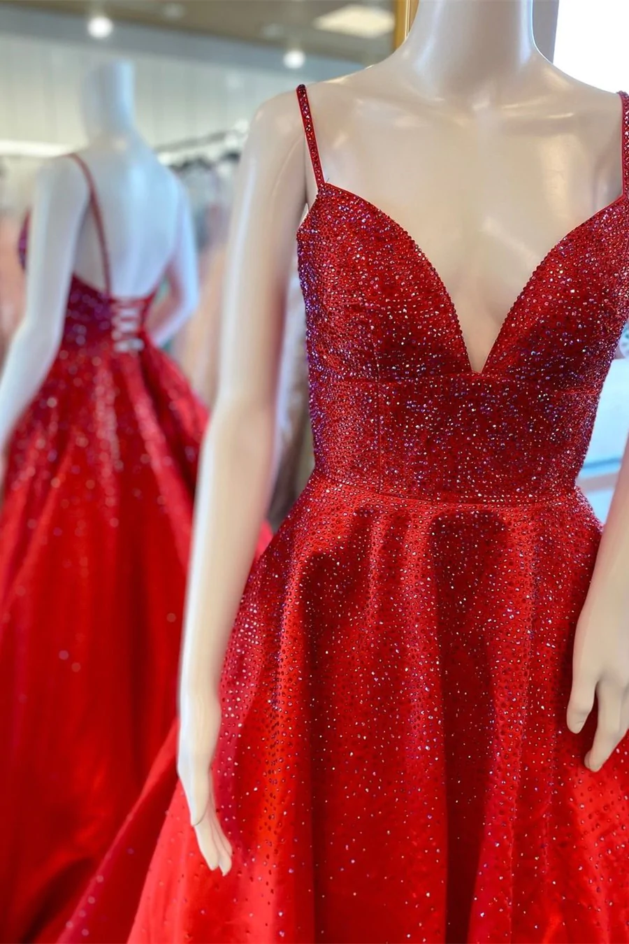 Spaghetti Straps Red Satin Beaded A-line Long Formal Gown Red Prom Dress cc466