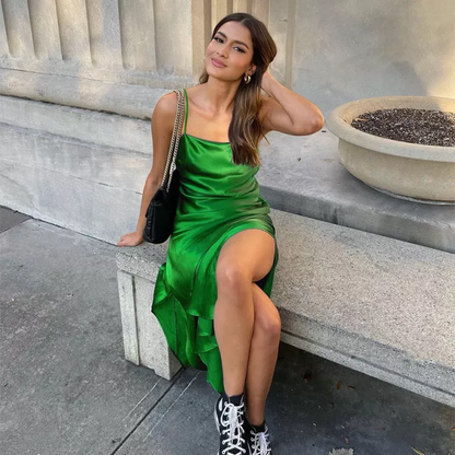 New Sling Ice Silk Slit Vacation Dresses Green Prarty Dress Backless Prom Dress c2492