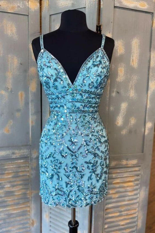Tight Blue Sequins Short Homecoming Dress c3417
