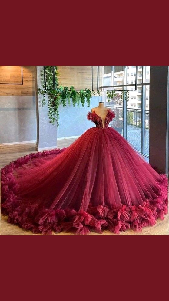 A-line V Neck Ball Gwon Puffy Burgundy Sweet Ruffled Quinceanera Dress Tulle Sweet 16 Train Dress Dresses c3476