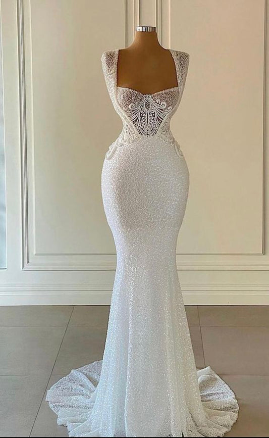 Luxury New Square Neck White Wedding Dress Women Mermaid Prom Dress Formal Gowns Bridal Gown c3436