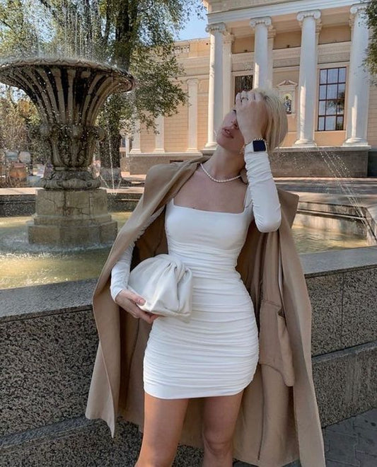 White Long Sleeves Bodycon Party Dress Square Collar Homecoming Dress c3421