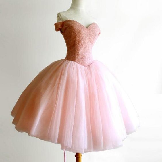 Pink Off the Shoulder Full Beaded Puffy Short Homecoming Dress c3424