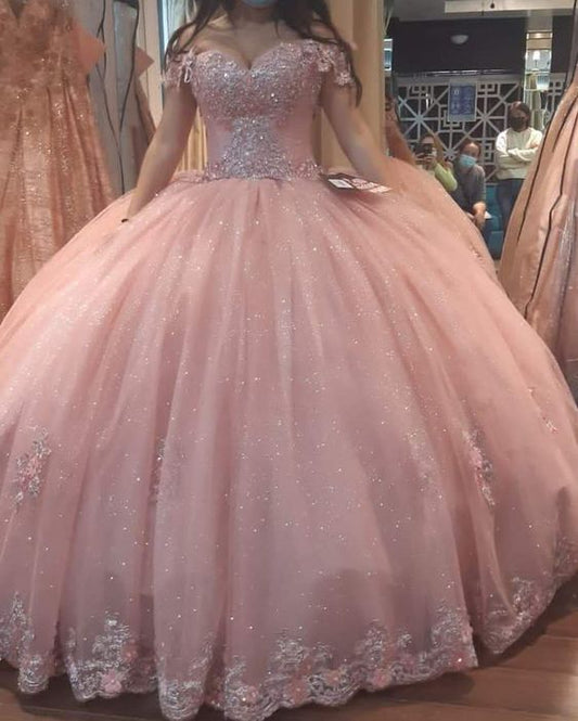 Off the shoulder pink ball gown gilter sweet 16 dress c3480