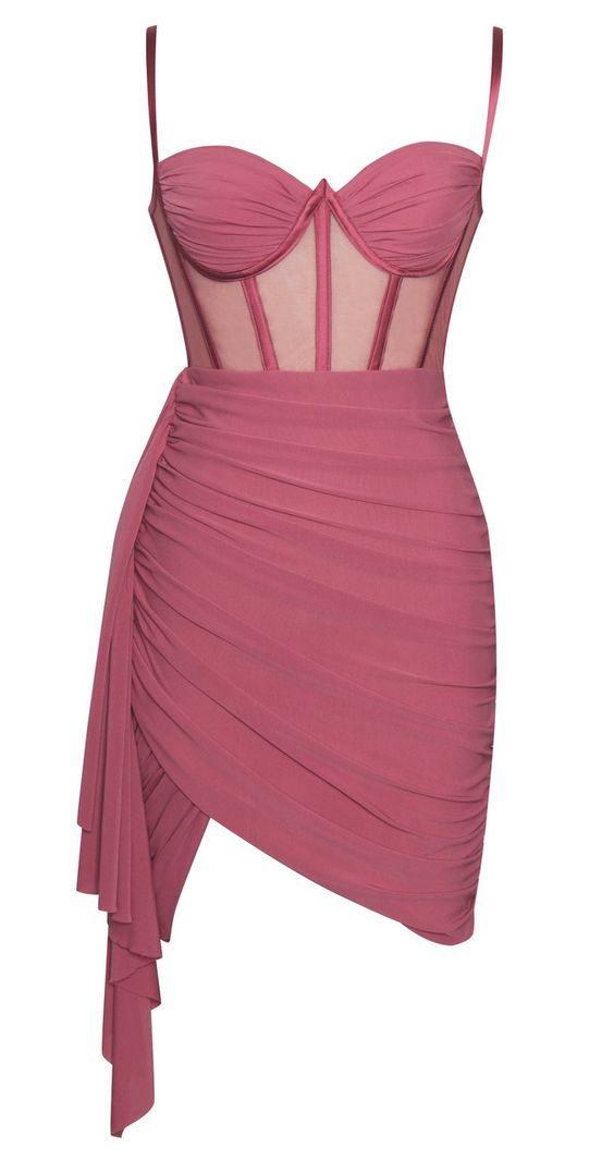 Ruched Bustier Corset Mesh Dress Coral Pink Wrap Homecoming Dress cc51