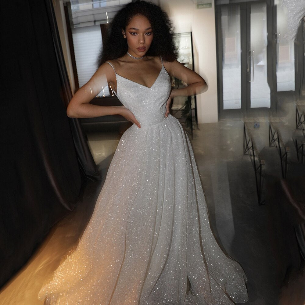 Sparkly V Neck Spaghetti Strap Wedding Dresses Simple Sparkly Tulle Train Wedding Dress C2354