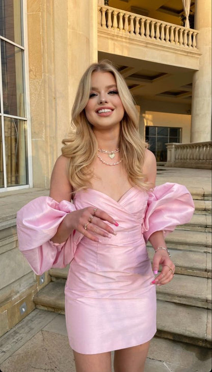 Pink Homecoming Dress With Lantern Sleeves and Bare Shoulders cc53