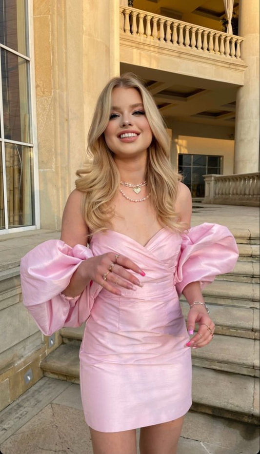 Pink Homecoming Dress With Lantern Sleeves and Bare Shoulders cc53