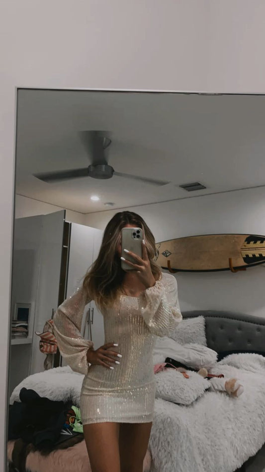 Puff Long Sleeve Mini Party Dress Sequin Homeocming Dress cc20