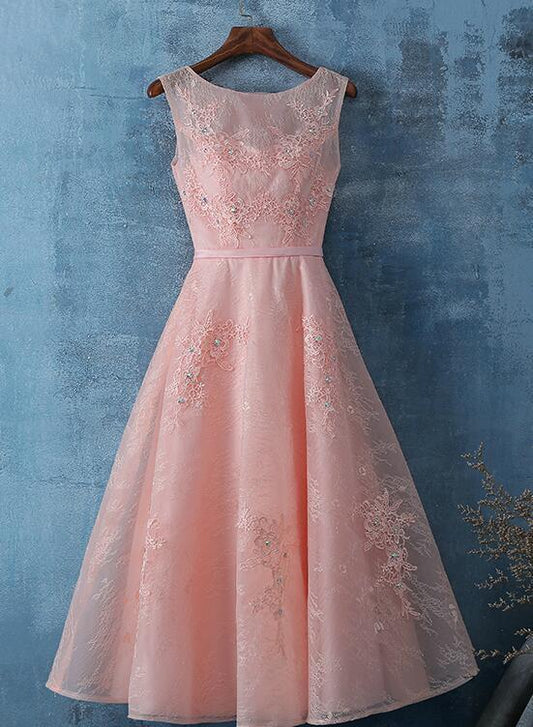 Pink Lace Tea Length Simple Homecoming Dress Teenager Formal Dress cc67