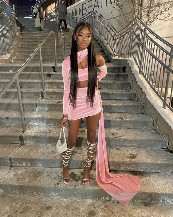 Pink One Shoulder Belt Cut Party Dress Ladies Sexy Long Sleeve Backless Nightclub Dress Elegant Fitness Birthday Dress  c3411