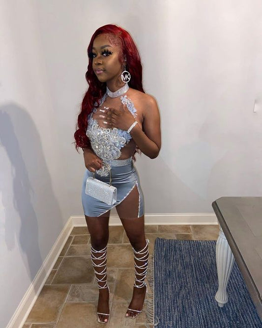 Halter Neckline Sexy Homecoming Dress With Lace Popular Style Party Dress  c3410