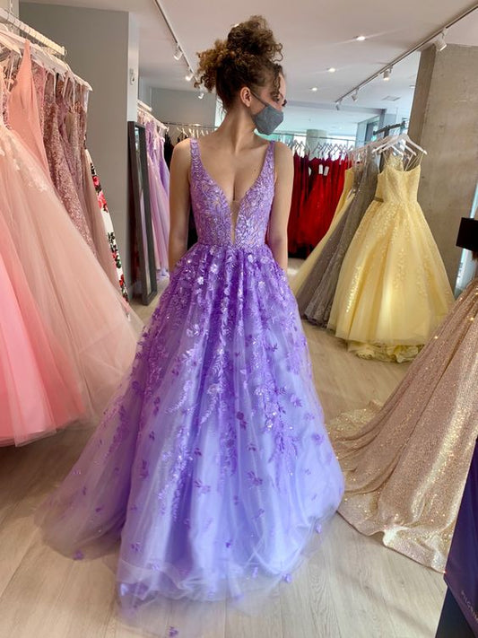 V Neck Purple Lace Prom Dresses, V Neck Purple Lace Formal Evening Dresses cc48
