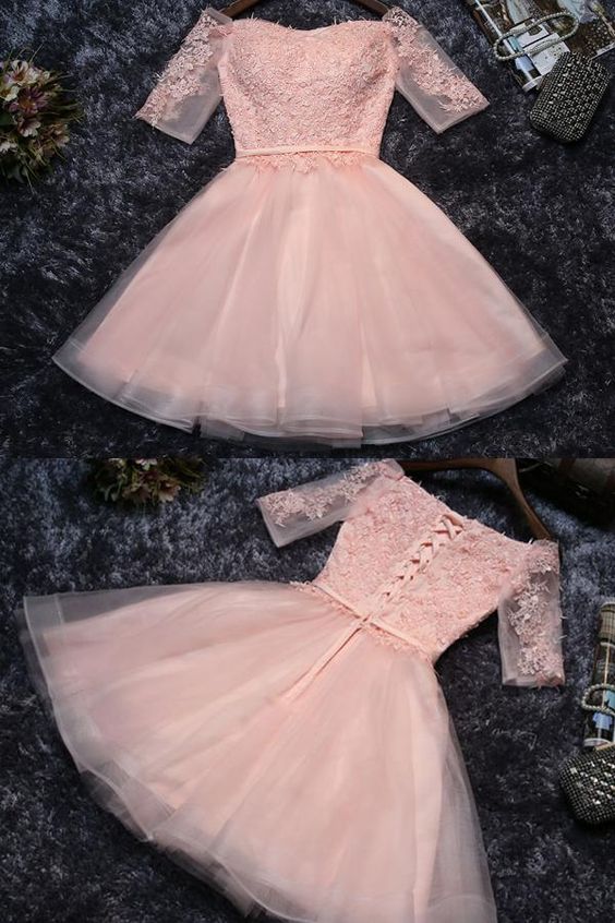 Cute Appliques Tulle Half Sleeves Short Prom Dress,Mini Off-shoulder Homecoming Dress c3431