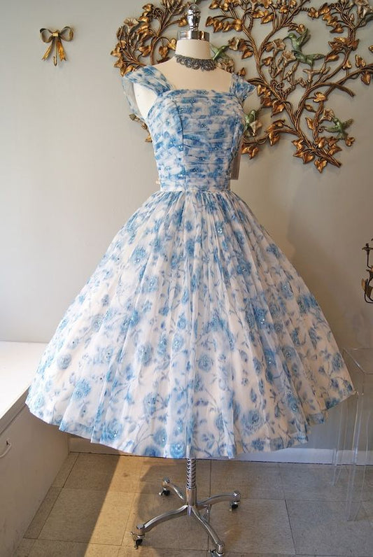 Vintage Sleeveless Party Dress Blue Floar Homecoming Dress  c2531