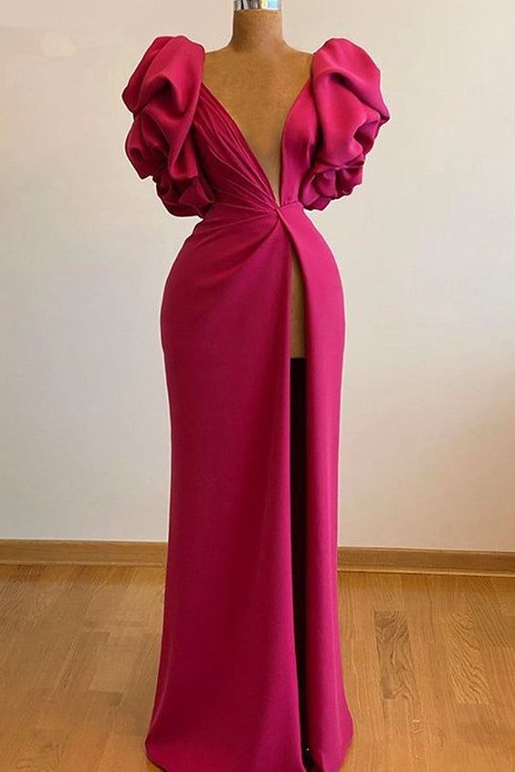 Sexy ruffle shoulder long slit gown evening dress c2569