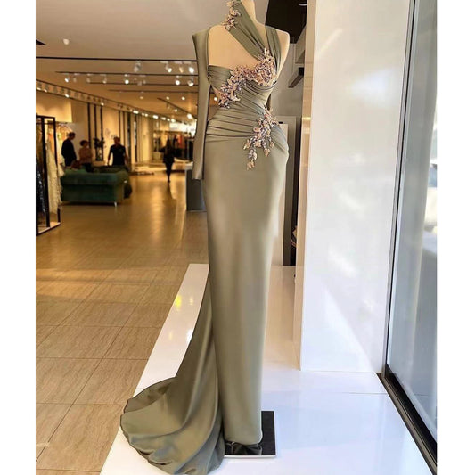 green prom dresses, pleats prom dresses, flowers prom dresses, pleats prom dresses, mermaid prom dresses, sexy prom dress, one shoulder prom dresses c2579