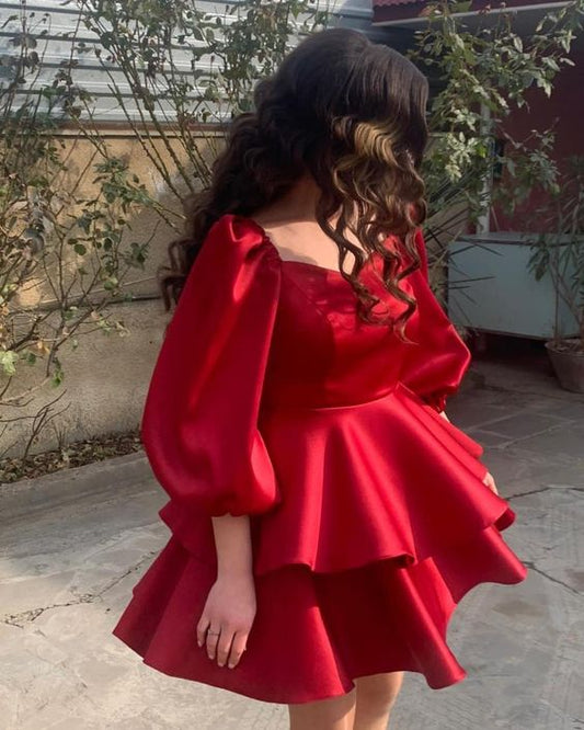 Cute Simple short prom dress A-line Sweetheart neck Party Puff sleeves Homecoming Dress c2588