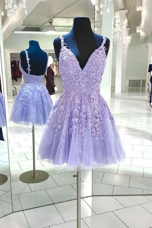 Purple tulle lace short prom dress, purple homecoming dress c2571