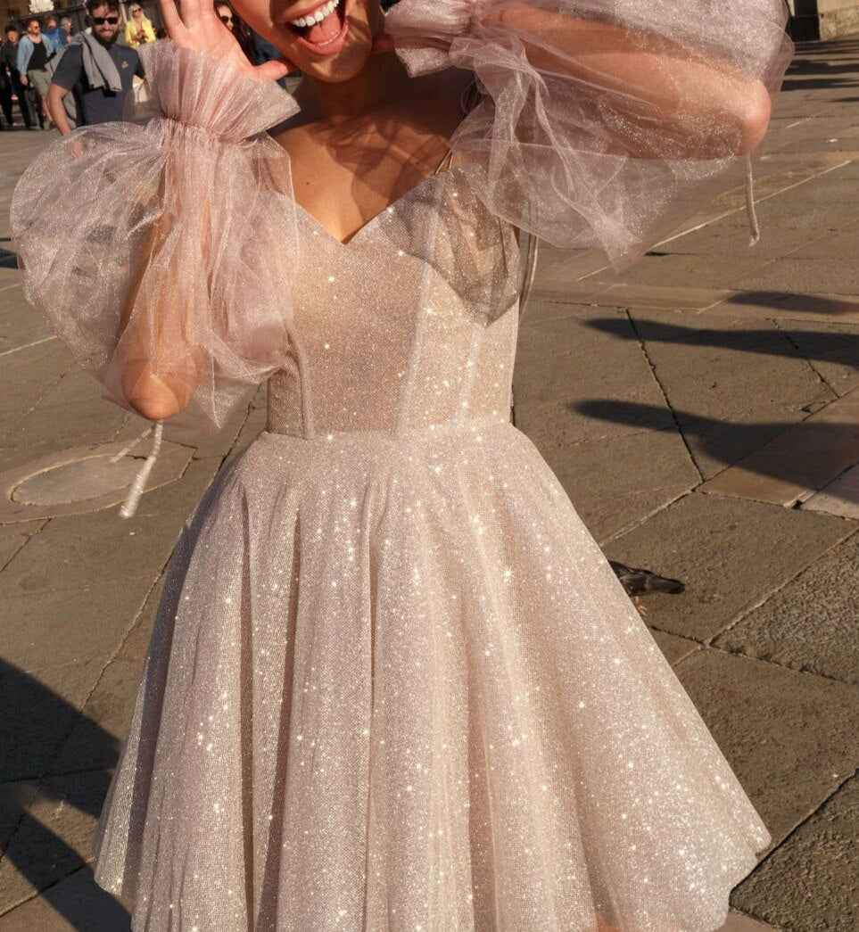 short evening dress with lantern sleeves, graduation dress sparkly homecoming dress c2591