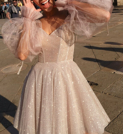 short evening dress with lantern sleeves, graduation dress sparkly homecoming dress c2591