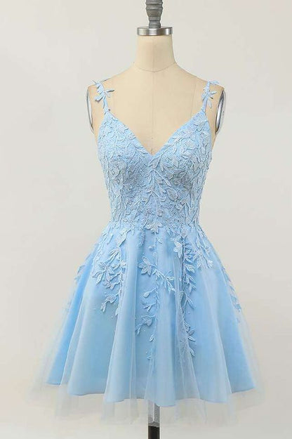 Light Blue Lace A-line Short Homecoming Dress c2585