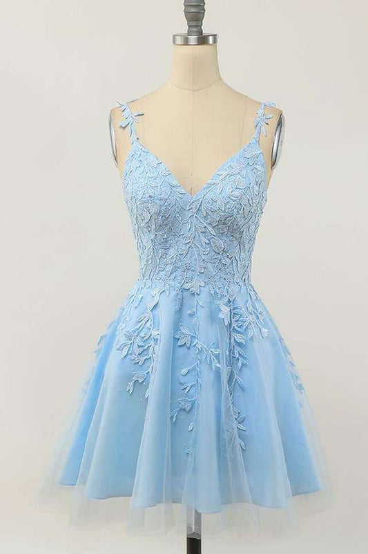 Light Blue Lace A-line Short Homecoming Dress c2585