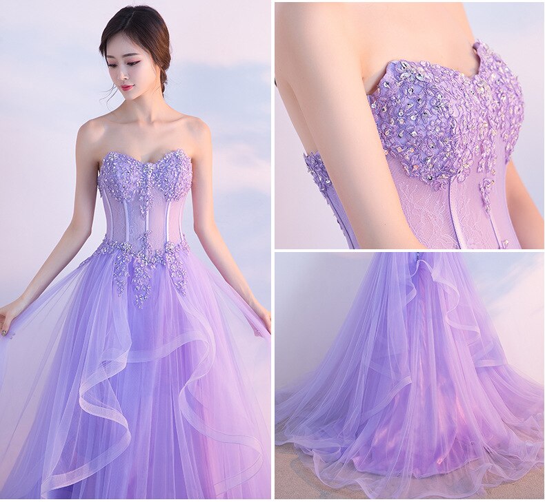 Lilac Sweetheart Tulle Prom Dress Beaded Sequined Princess Prom Dress c3302