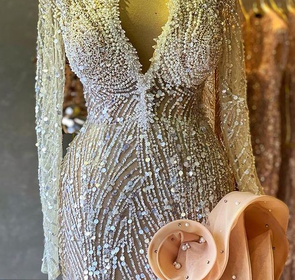 Heavy Bead Unique Prom Dress With Side Ruffules Custom Made Evening Dress C2432