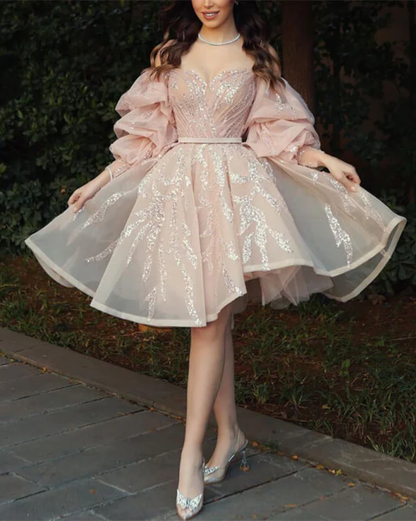 Short Puffy Sleeves Beaded Tulle Homecoming Dresses c3474