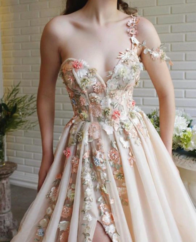 Charming One Shoulder Floral Champagne Long Prom Dresses, 3D Flowers Champagne Formal Evening Dresses C1963