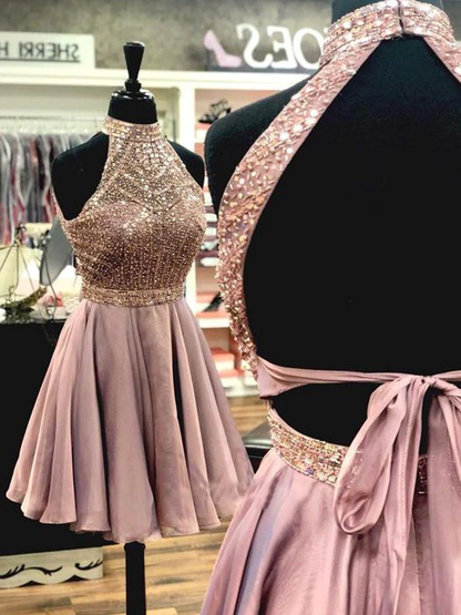 A Line Halter Open Back Chiffon Short Homecoming Dresses with Beading c3017