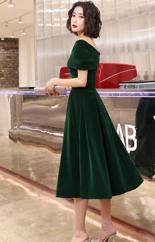Green Velvet Off Shoulder Vintage Style Bridesmaid Dress, Tea Length Party Dress C1100