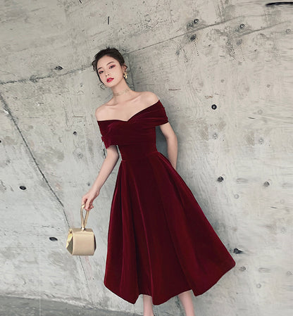 Green Velvet Off Shoulder Vintage Style Bridesmaid Dress, Tea Length Party Dress C1100