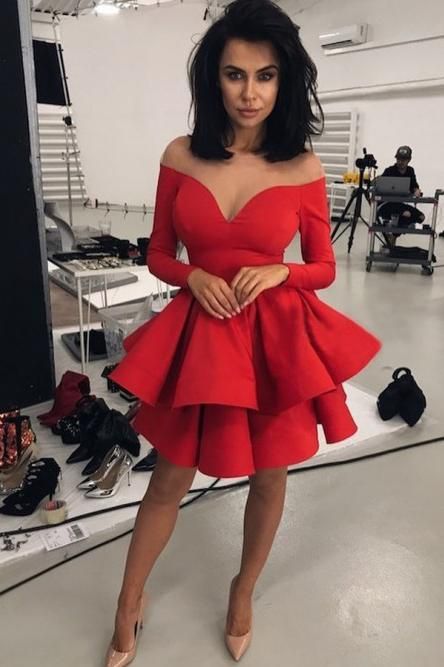 Off the Shoulder V-neck Tiered Red Satin Homecoming Dress Long Sleeves  c3125