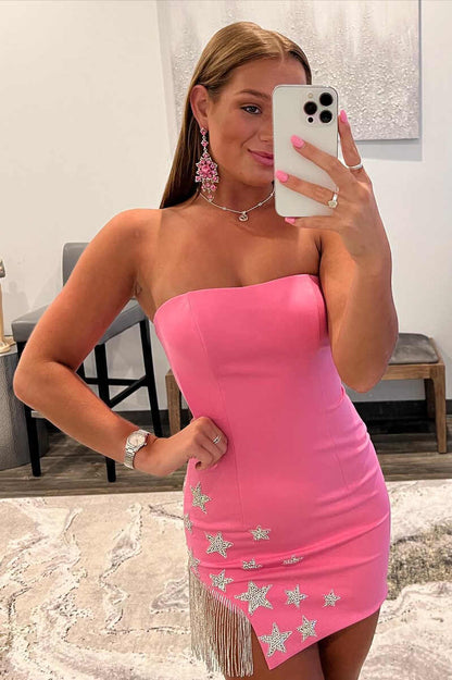 Hot Pink Strapless Beaded Stars Short Homecoming Dress c3131