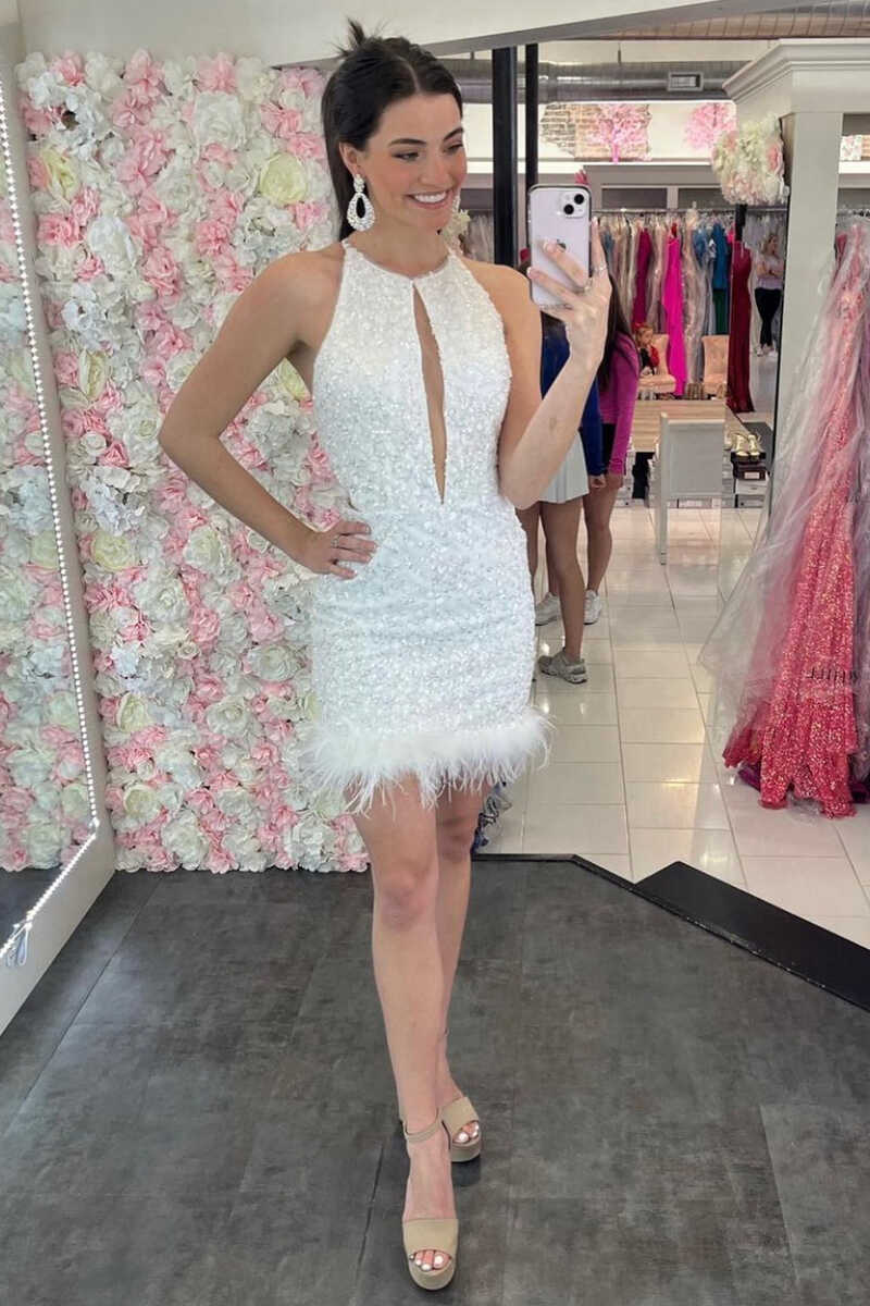 White Sequins Halter Keyhole Mini Party Dress  c3122