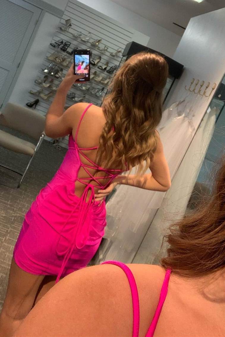 Sexy Hot Pink Plunge Bodycon Mini Homecoming Dress c3115