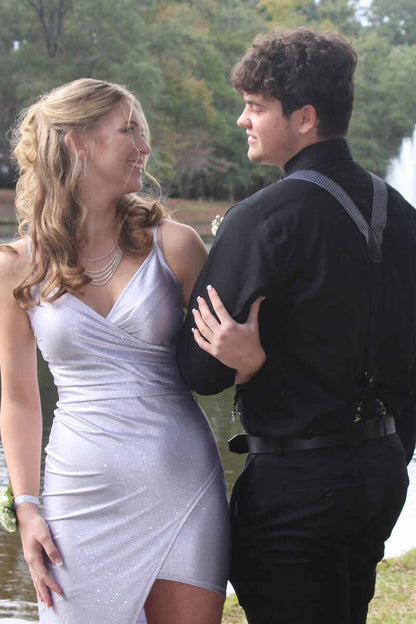 Shiny Light Grey V-Neck Short Homecoming Dress c3129