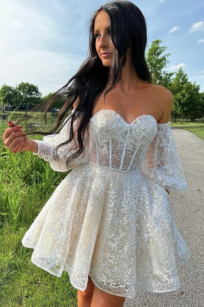 A-Line Ivory Sweetheart Puff Sleeve Short Party Dress c3126