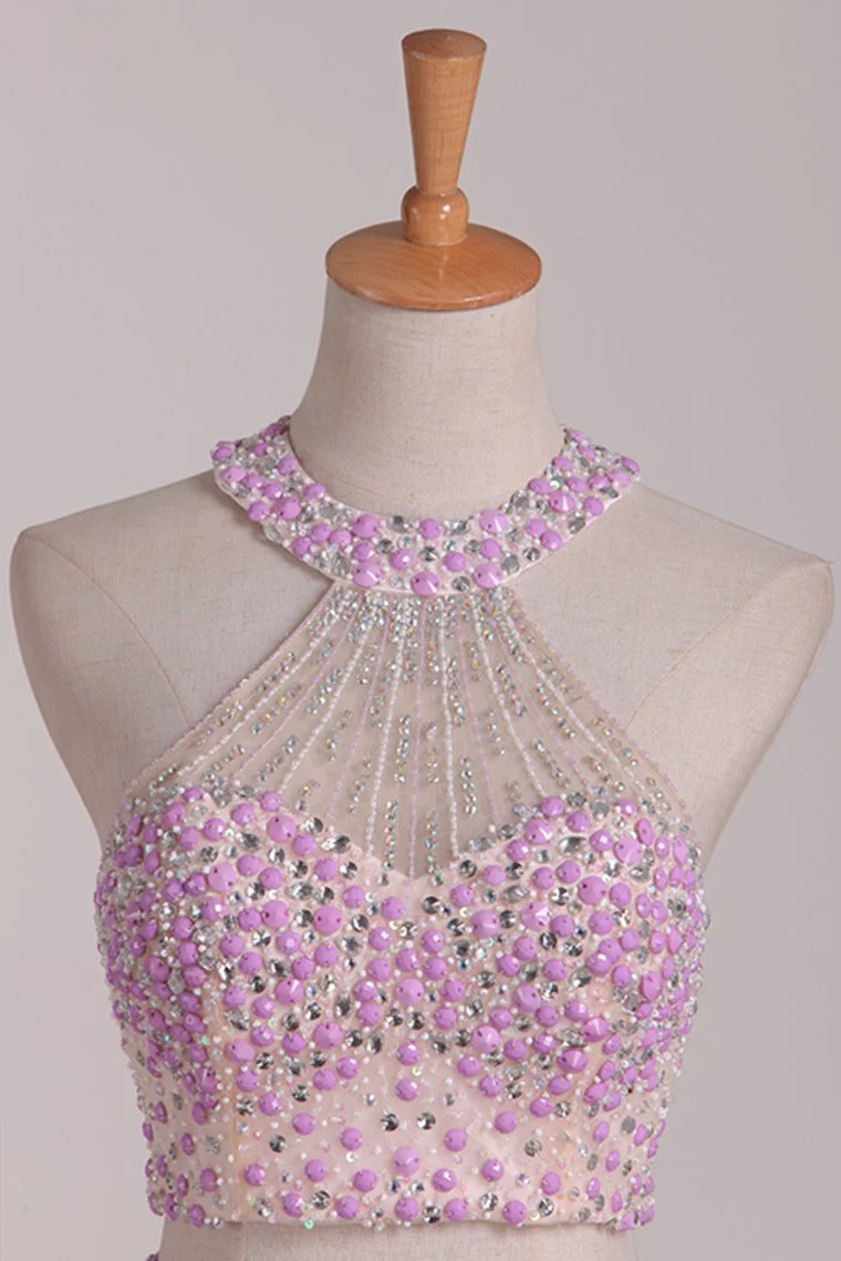 Two-Piece Halter Open Back Homecoming  Dresses Beaded Bodice Chiffon A Line c2655
