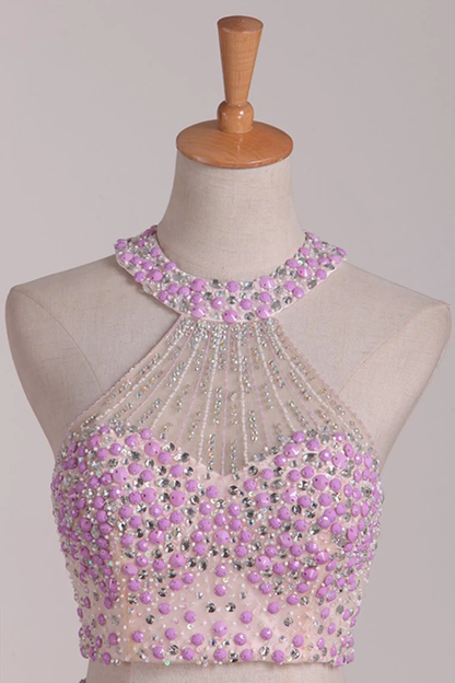 Two-Piece Halter Open Back Homecoming  Dresses Beaded Bodice Chiffon A Line c2655
