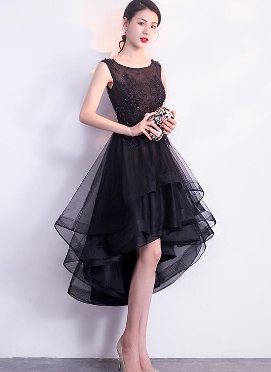 Black High Low Tulle Round Neckline Lace Homecoming Dress, Black Short Party Dress Prom Dress  c2482