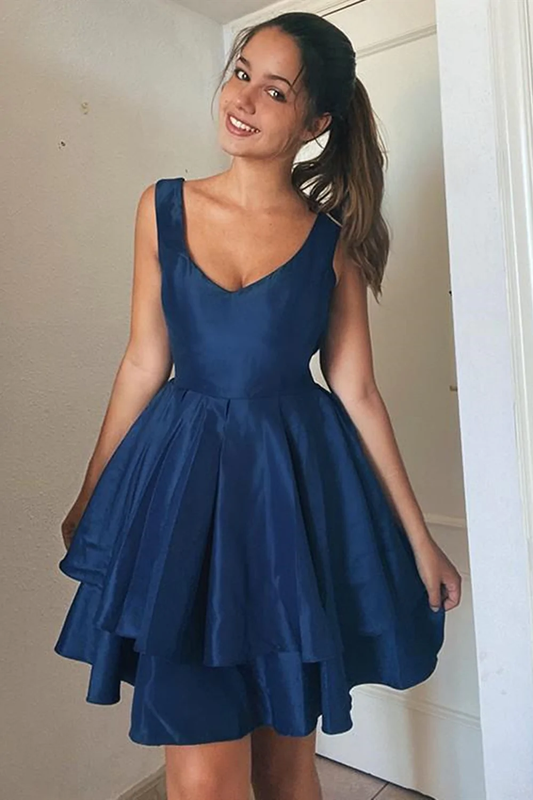 A Line Open Back Layered Blue Short Dresses, Layered Blue Homecoming Dresses, Blue Formal Evening Dresses c3441