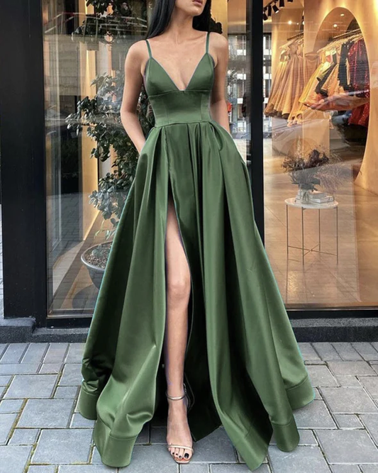 Olive Green A Line Prom Dresses Satin Split V Neck With Pockets cc142