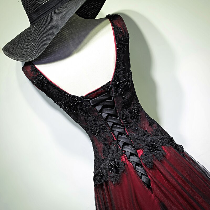 Gorgeous Black And Red V-Neckline Tulle Beaded Prom Dress, Long Evening Gown C1249