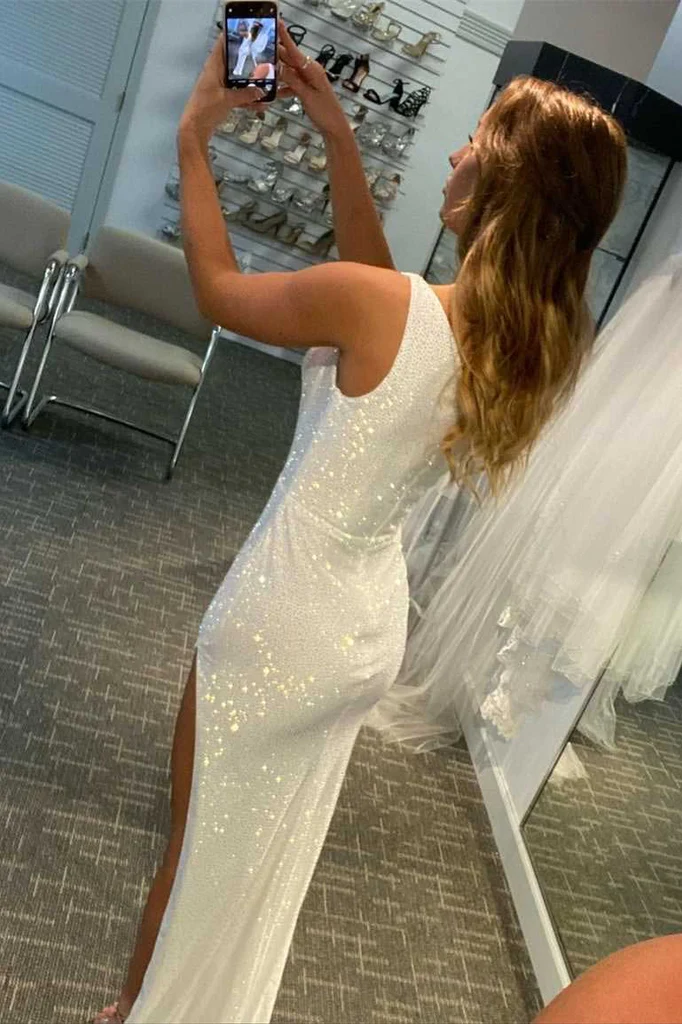 One Shoulder Mermaid Side Slit Prom Dresses, Shiny White Formal Evening Dresses c3439