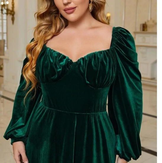 Women Plus Sweetheart Neck Lantern Sleeve Ruched Velvet Prom Dress C2048
