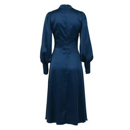 Elegant Simeple Prom Dress With Long Sleeves Split Evening Dress Women's Plain Puff Sleeve O-Neck Long Dress c2497