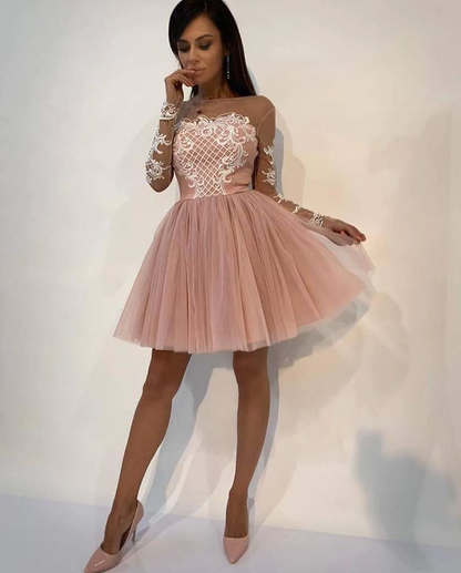 A-line Scoop Pink Lace Short Prom Dress Long Sleeve Homecoming Dress c3045
